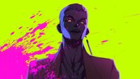 The Trickster from Dead by Daylight. The image is from his Kpop music video and heavily stylized with pink blood spatter on a yellow background. 