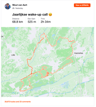 Cyclocross training ride for Wout van Aert, route recorded on Strava