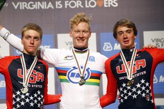 Adrien Costa, Leo Appelt and Brandon McNulty on the podium for the Junior Mens Time Trial at the 2015 UCI Road World Cycling Championships