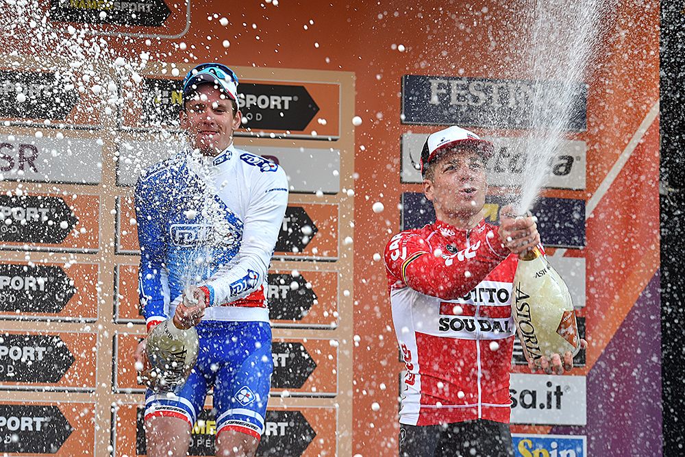 Arnaud Demare and Jurgen Roelandts enjoy the podium