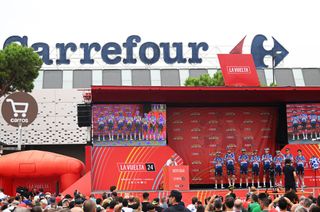 JEREZ DE LA FRONTERA SPAIN AUGUST 22 A general view of Mikel Landa of Spain William Junior Lecerf of Belgium Casper Pedersen of Denmark Kasper Asgreen of Denmark Mattia Cattaneo of Italy Mauri Vansevenant of Belgium Louis Vervaeke of Belgium James Knox of The United Kingdom and Team TRex Quick Step prior to the La Vuelta 79th Tour of Spain 2024 Stage 6 a 1855km stage from Jerez de la Frontera to Yunquera UCIWT on August 22 2024 in Jerez de la Frontera Spain Photo by Dario BelingheriGetty Images