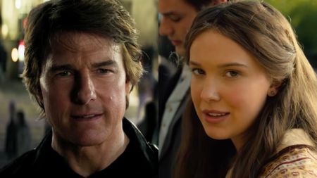 Tom Cruise and Millie Bobby Brown in a side-by-side photo.
