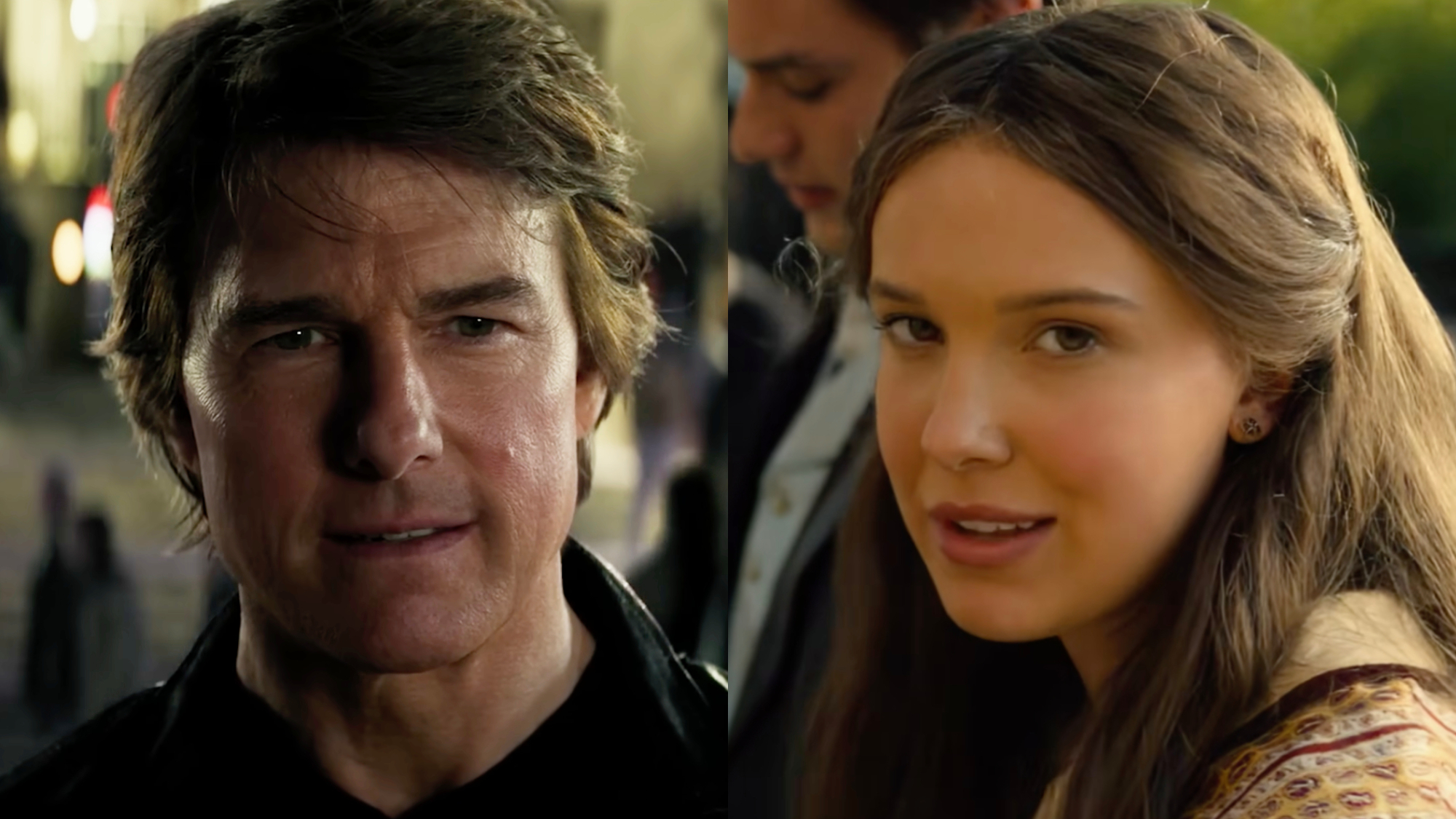 Tom Cruise and Millie Bobby Brown in a side-by-side photo.