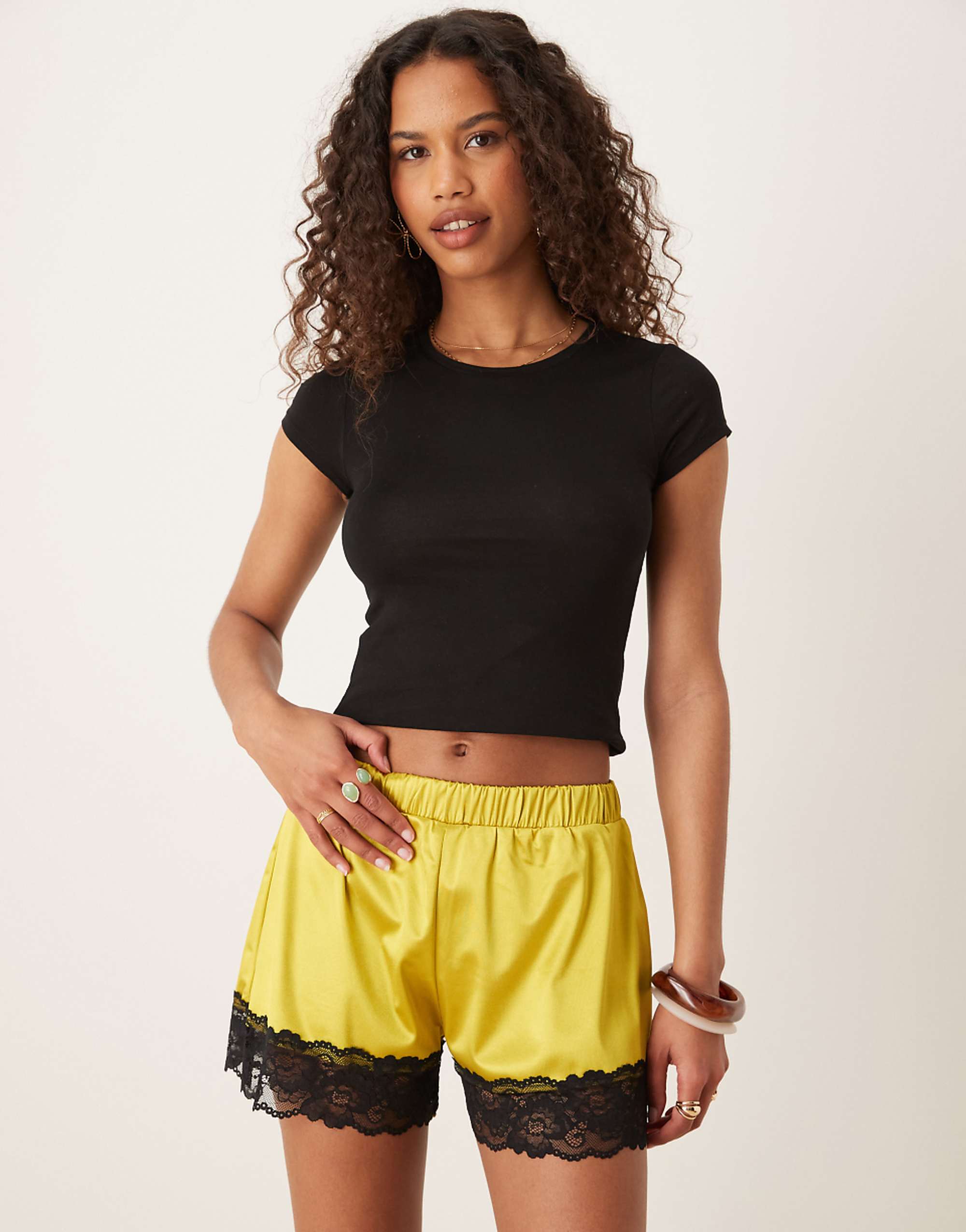 Asos Design Relaxed Stretch Satin Shorts in Lime With Black Lace Trim