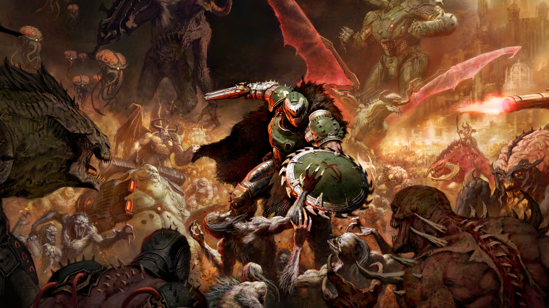 The Doom Slayer fights hordes of demons with a razor-edged shield and a sawn-off shotgun