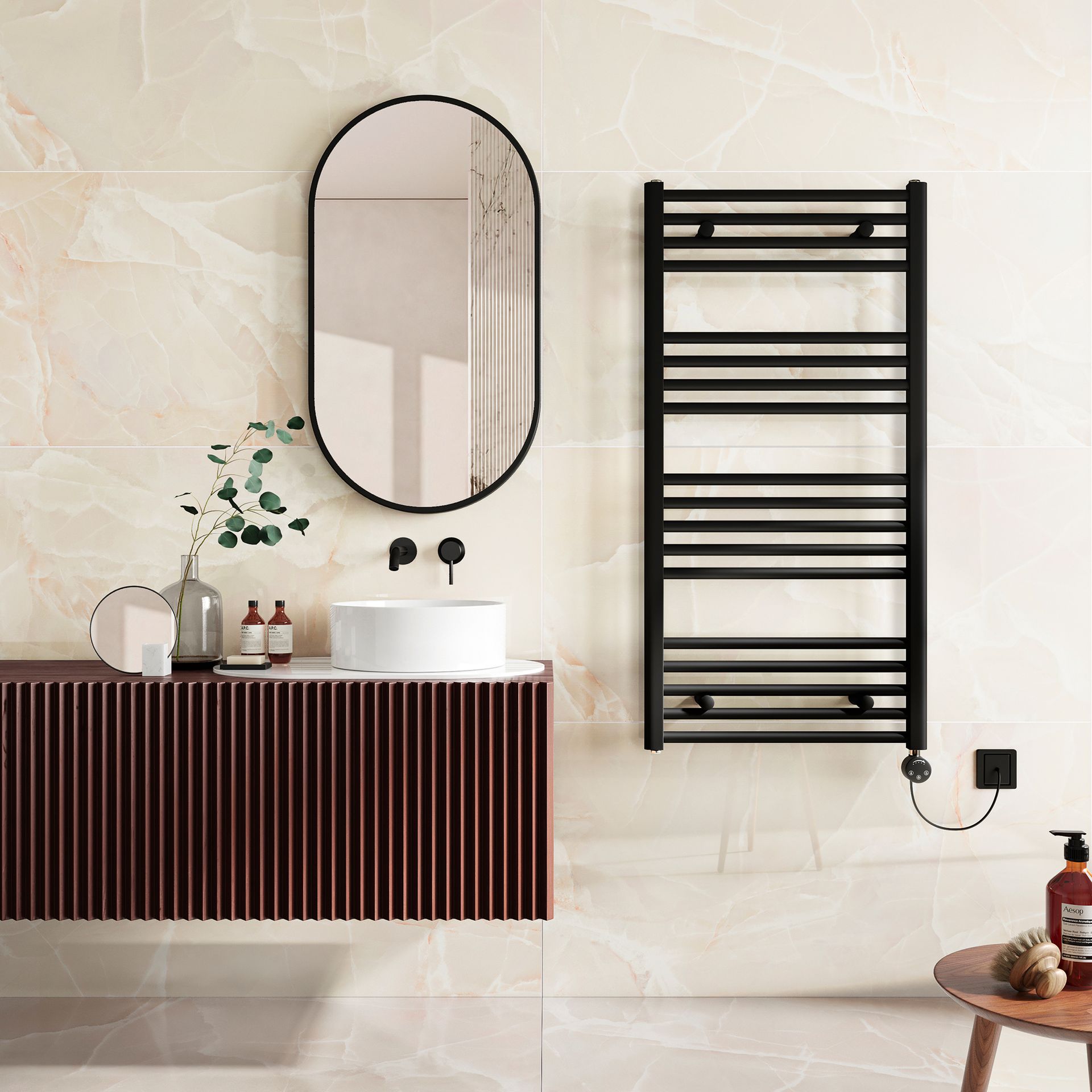 Beige bathroom with large format marble effect porcelain tiles and a floating vanity unit