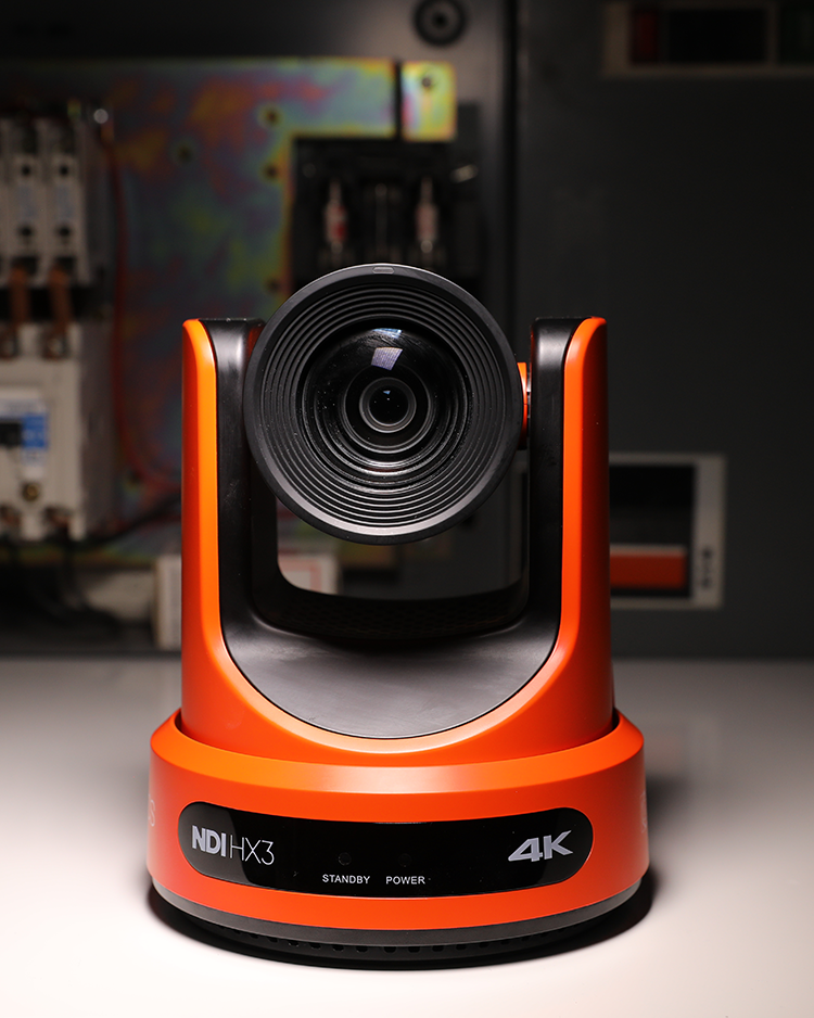The new PTZOptics camera with an orange base.