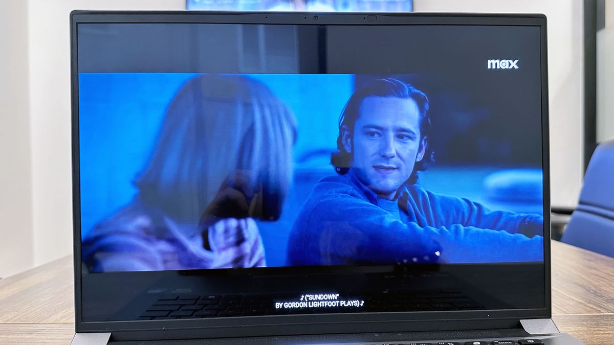 Close up on the Acer Swift X 14's display playing a movie trailer.