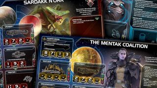 Twilight Imperium species cards showing an insectoid alien, a purple skinned alien wielding a gun, and a robotic alien