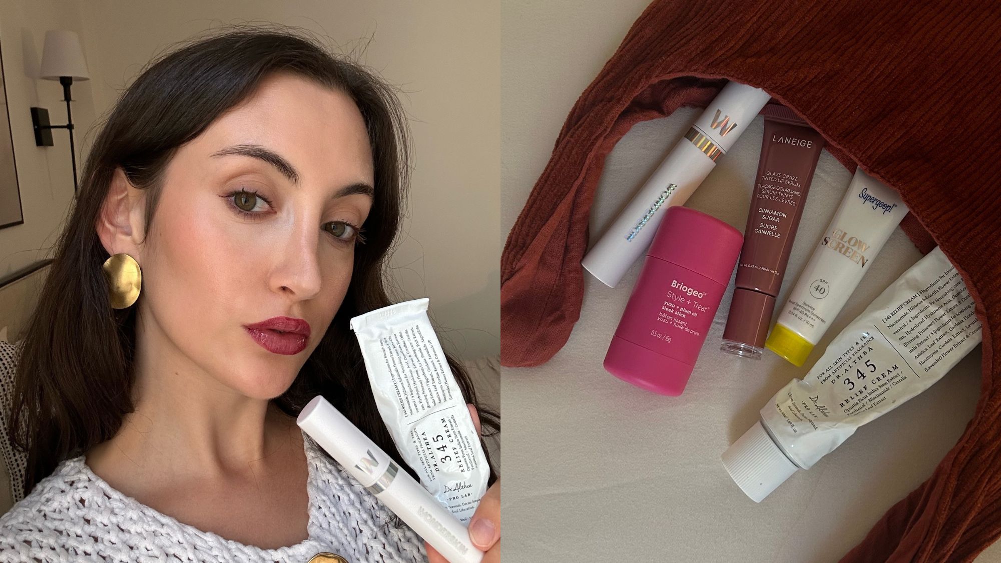 Side-by-side images of Alyssa Brascia taking a selfie holding two on-sale beauty products and a bag with on-sale beauty products spilling out of it.