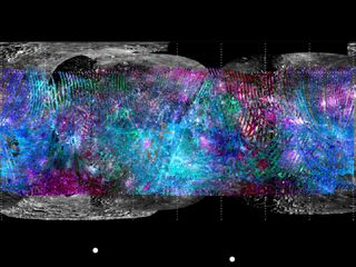 The Mercury Atmospheric and Surface Composition Spectrometer (MASCS) collects spectra at ultraviolet to near-infrared wavelengths. Seen here are individual MASCS observations from the first Mercury solar day in orbit mapped over a mosaic of images obtaine