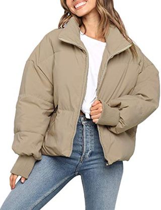 Merokeety Damen 2024 Winter Langarm Reißverschluss Pufferjacke Taschen Baggy Kurze Daunenmäntel, Khaki, M