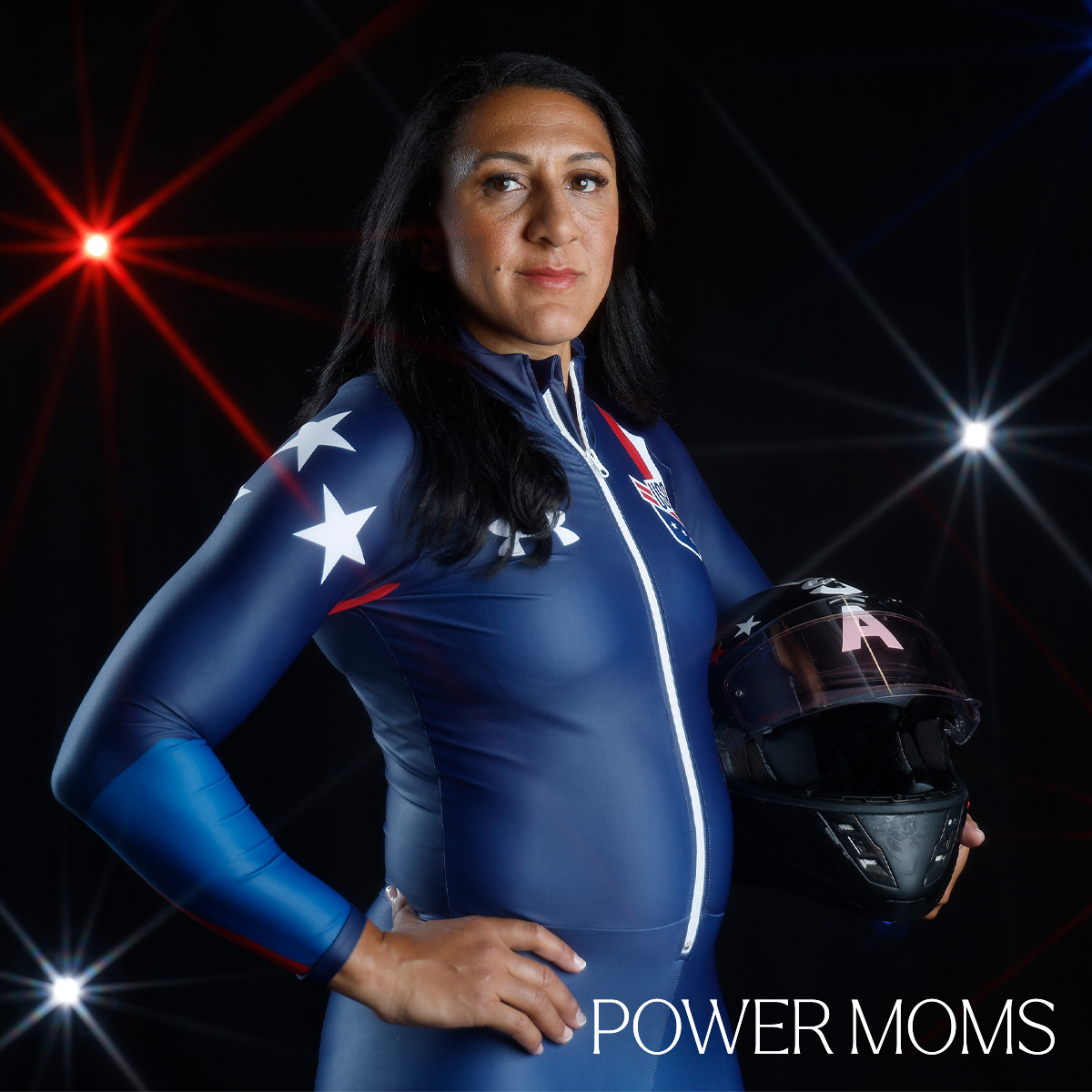Elana Meyers Taylor wearing an Olympic uniform with Power Moms overlay