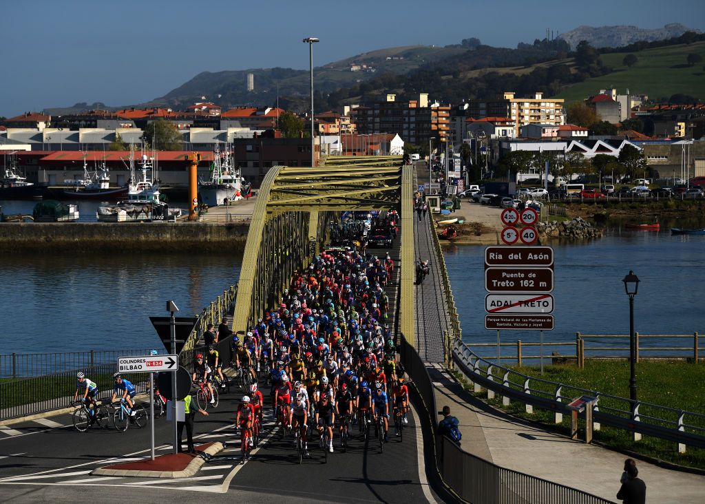 SUANCES SPAIN OCTOBER 30 Peloton Treto Village Asn river Bridge Landscape during the 75th Tour of Spain 2020 Stage 10 a 185km stage from Castro Urdiales to Suances lavuelta LaVuelta20 La Vuelta on October 30 2020 in Suances Spain Photo by David RamosGetty Images