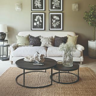 A sage green-painted living room with a cream sofa and a jute rug