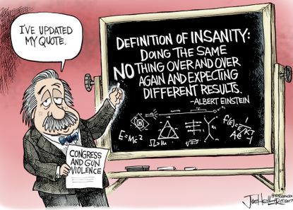 Political cartoon U.S. Congress gun violence insanity Einstein