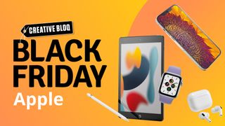 Black Friday promo image with Apple products featured on yellow background