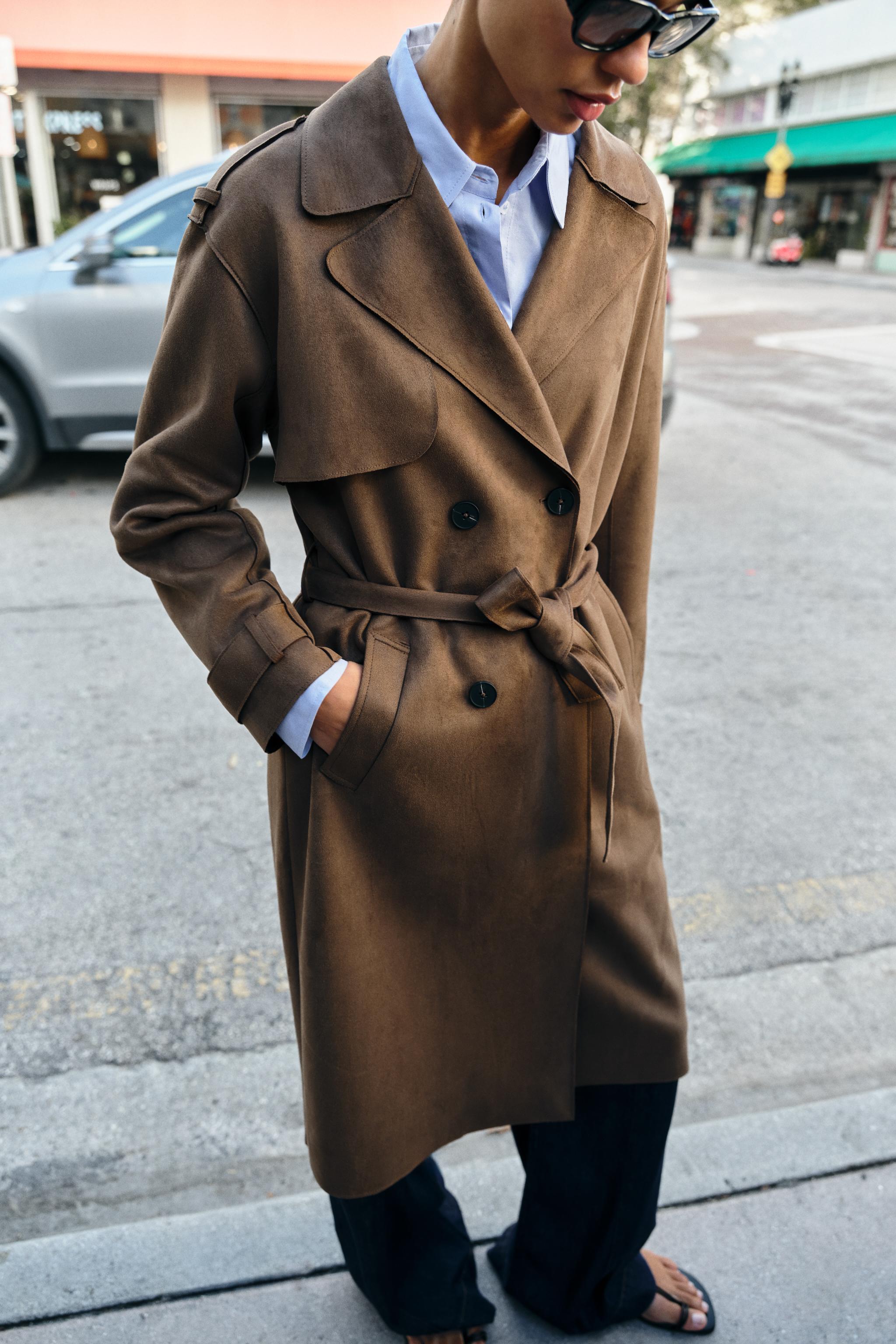Long Faux Suede Trench Coat With Belt