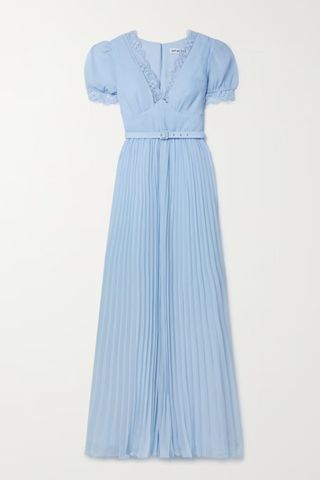 Self Portrait Belted pleated guipure lace-trimmed chiffon maxi dress