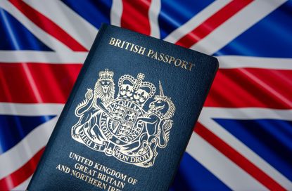 UK passport which reads "British passport" with a UK flag as the background.