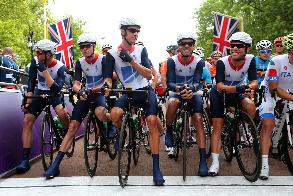 Bradley Wiggins lines up for Great Britain at the 2012 Olympic road race.