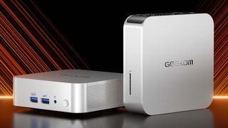 Geekom A7 Mini PC laid down and upright.