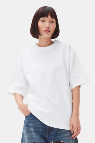 White Heavy Cotton Drop Shoulder Heart T-Shirt