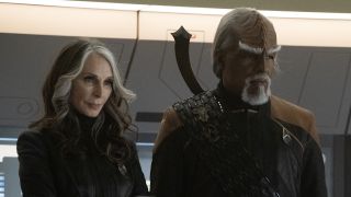 Dr. Beverly Crusher and Worf on the bridge of the Enterprise-D in Star Trek: Picard