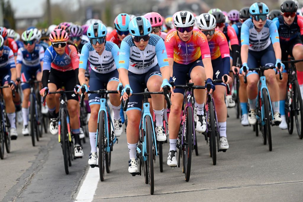 WAREGEM BELGIUM MARCH 29 LR Shirin Van Anrooij of The Netherlands Lisa Klein of Germany and Team Trek Segafredo and Femke Markus of The Netherlands and Team SD Worx compete during the 11th Dwars door Vlaanderen 2023 Womens Elite a 1149km ine day race from Waregem to Waregem DDV23 on March 29 2023 in Waregem Belgium Photo by Luc ClaessenGetty Images