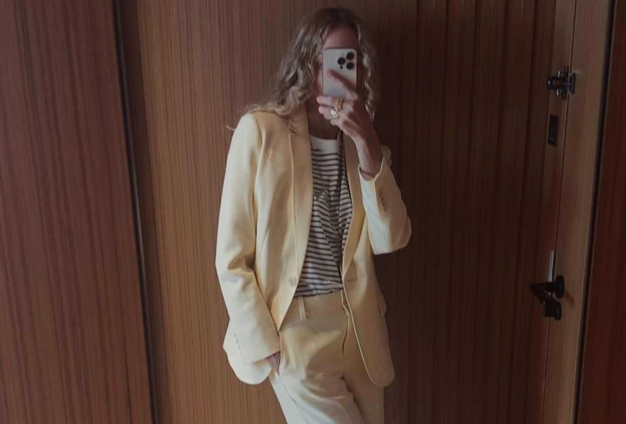 Olympia Gayot wearing a suit from J.Crew.