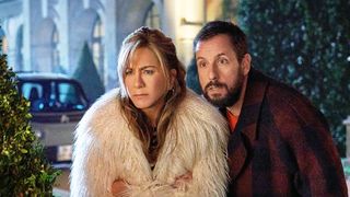 (L to R) Audrey (Jennifer Aniston) and Nick (Adam Sandler) Spitz in Murder Mystery 2, a new movie coming to Netflix on March 31, 2023