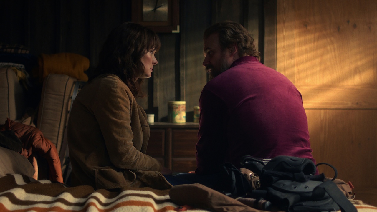 Joyce and Hopper sharing a sweet moment in Stranger Things Season 5x01