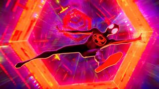 Miles Morales falls through a multiversal portal in Spider-Man: Across the Spider-Verse 