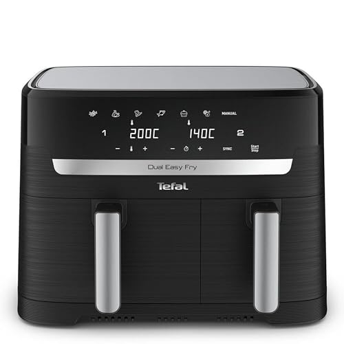 Tefal Easy Fry Dual Zone Digital Air Fryer, 2 Drawers, 8.3l, 8in1, Air Fry, Extra Crisp, Roast, Bake, Reheat, Dehydrate, 6 Portions, Non-Stick, Dishwasher Safe Baskets, Black & Metal Ey901840