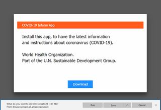 Screen shot of malicious pop up message urging reader to download coronavirus 'information' application.