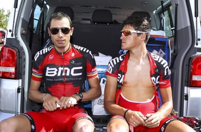 BMC duo Alessandro Ballan and Greg Van Avermaet relax before a stage in 2012