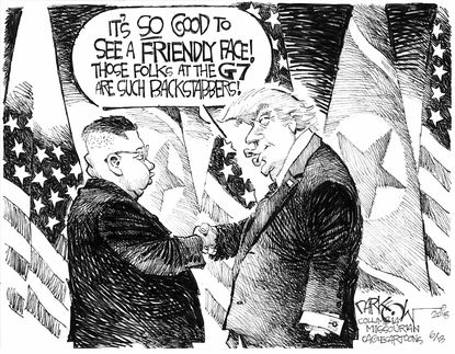 Political cartoon U.S. Kim Jong Un Trump North Korea Singapore nuclear summit G7 Justin Trudeau