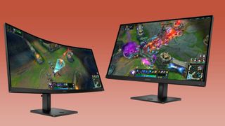 HP Omen 27 and HP Omen 34c gaming monitors against orange gradient background