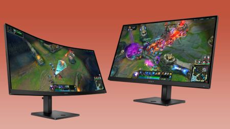 HP Omen 27 and HP Omen 34c gaming monitors against orange gradient background