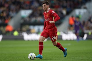 WOLVERHAMPTON, ENGLAND - SEPTEMBER 28: Liverpool's Andrew Robertson during the Premier League match between Wolverhampton Wanderers FC and Liverpool FC at Molineux on September 28, 2024 in Wolverhampton, England. (Photo by Michael Steele/Getty Images)