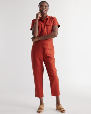 Quince Cotton Linen Twill Short Sleeve Coverall Jumpsuit