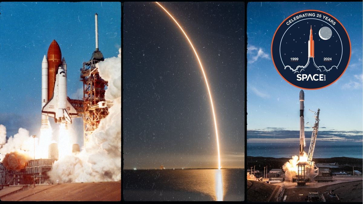 three panel image showing a space shuttle launch on the left, in the middle a long exposure photograph of a spacex falcon 9 rocket launch shows a stream of light across the sky and the right image shows a rocket lifting off from a launch pad.