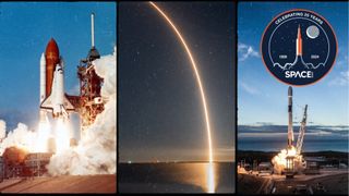 three panel image showing a space shuttle launch on the left, in the middle a long exposure photograph of a spacex falcon 9 rocket launch shows a stream of light across the sky and the right image shows a rocket lifting off from a launch pad.