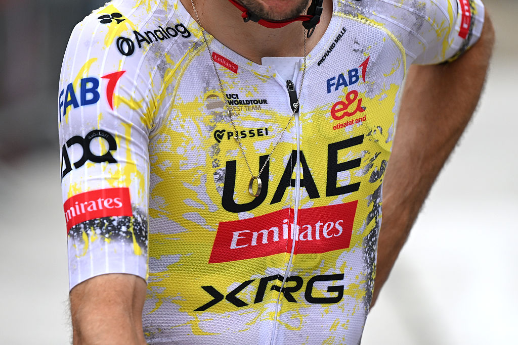 MANTES-LA-VILLE, FRANCE - JULY 27: Yellow jersey detailed view of UAE Team Emirates - XRG prior to the 112th Tour de France 2025, Stage 21 a 132.3km stage from Mantes-la-Ville to Paris - Champs-Elysees / #UCIWT / on July 27, 2025 in Mantes-la-Ville, France.