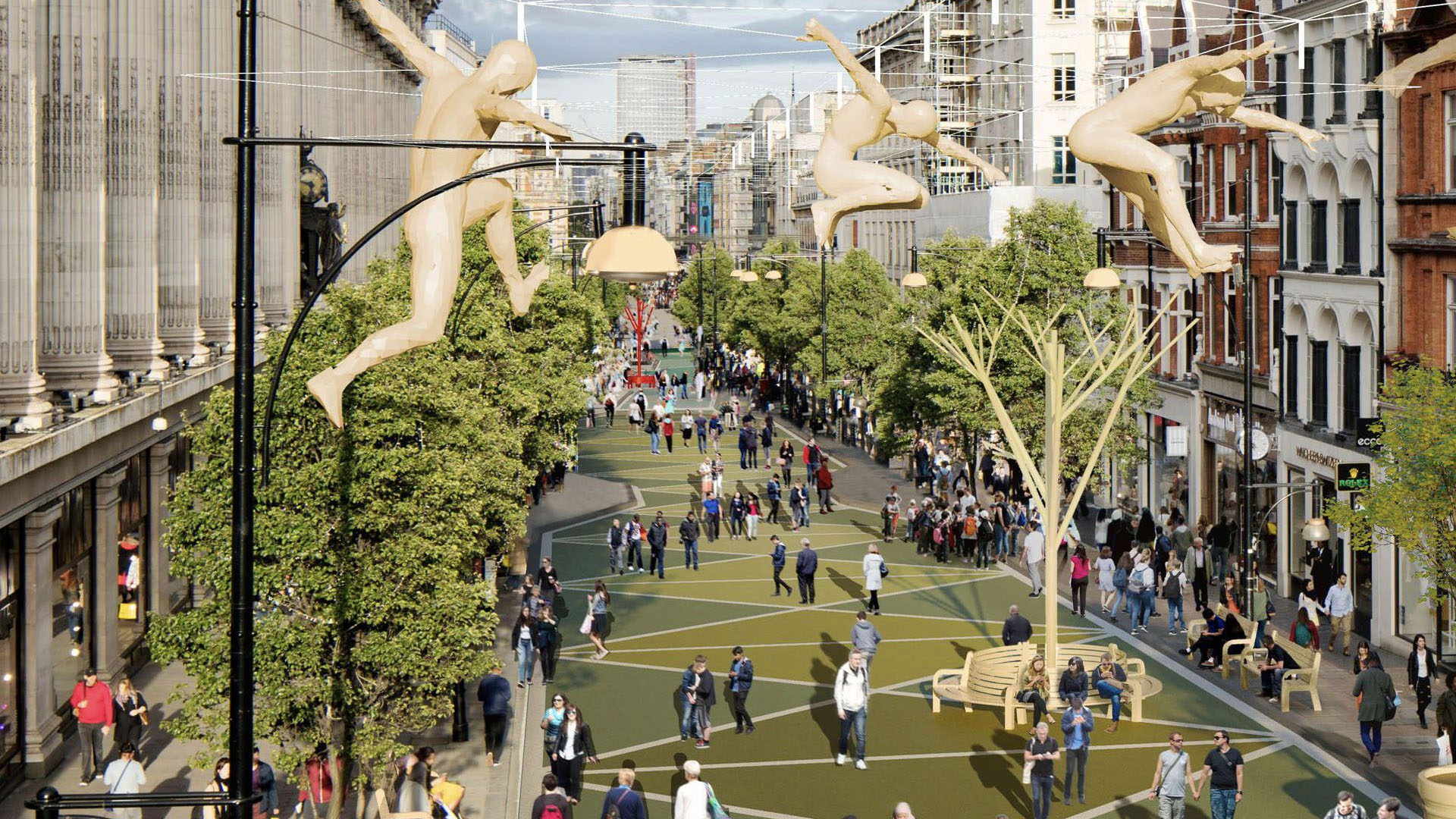 Visualisation of a pedestrianised Oxford Street. 