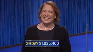 Amy Schneider is shown with her 29-win total on Jeopardy!