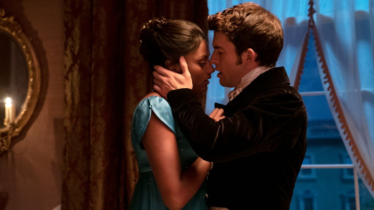 Kate Sharma (Simone Ashley) and Anthony Bridgerton (Jonathan Bailey) embrace in Bridgerton season 2