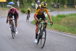 BAROLO ITALY AUGUST 12 George Bennett of New Zealand and Team Jumbo-Visma Gianni Moscon of Italy and Team INEOS during the 104th Giro del Piemonte 2020 a 187km race from Santo Stefano Belbo to Barolo 294m GranPiemonte GranPiemonte on August 12 2020 Barolo Italy Photo by Tim de WaeleGetty Images