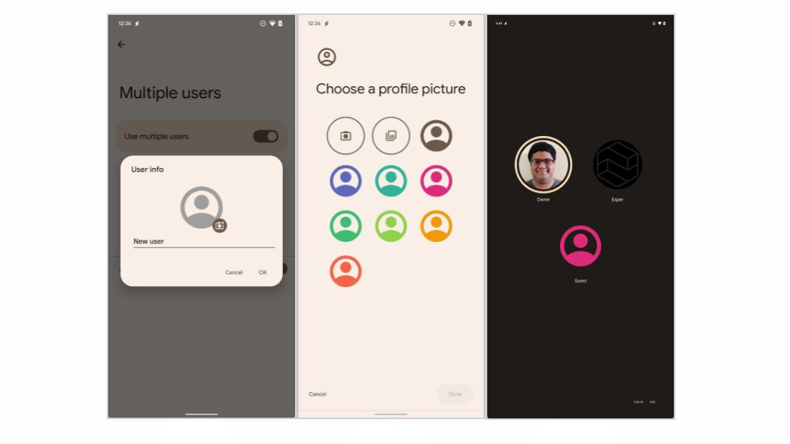 Screenshots showing profile picker features in Android 13