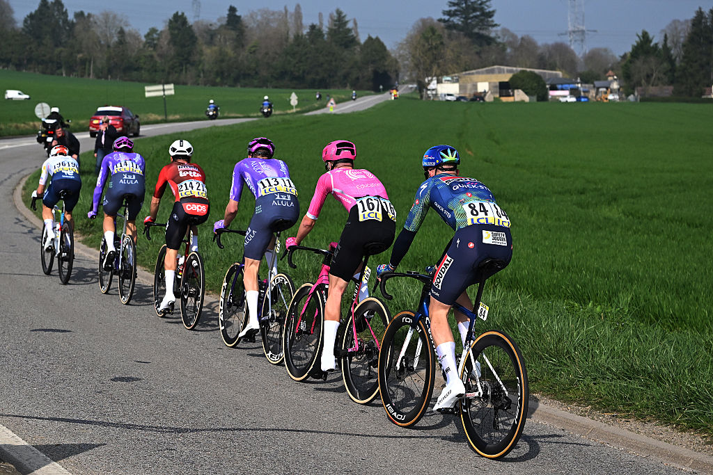 CARRIERES-SOUS-POISSY, FRANCE - MARCH 08: (L-R) Luke Durbridge of Australia and Team Jayco AlUla, Max Walker of Great Britain and Team EF Education - EasyPost and Casper Pedersen of Denmark and Team Soudal Quick-Step compete in the breakaway during the 84th Paris-Nice 2026, Stage 1 a 170.9km stage from Acheres to Carrieres-sous-Poissy / #UCIWT / on March 08, 2026 in Carrieres-sous-Poissy, France. (Photo by Szymon Gruchalski/Getty Images)